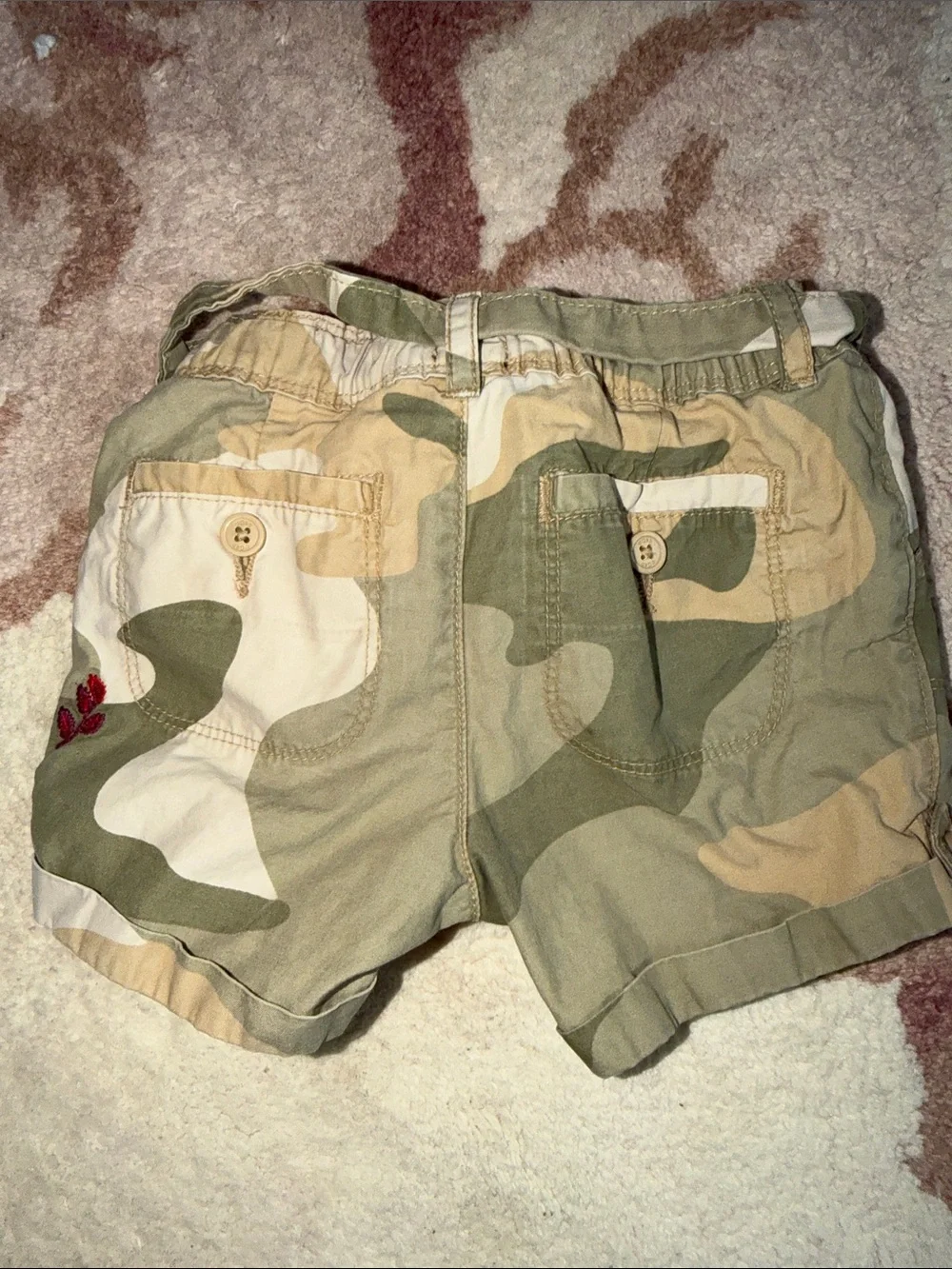 GAP Olive Camo Cargo Shorts with Embroidered Accents and Tie Belt